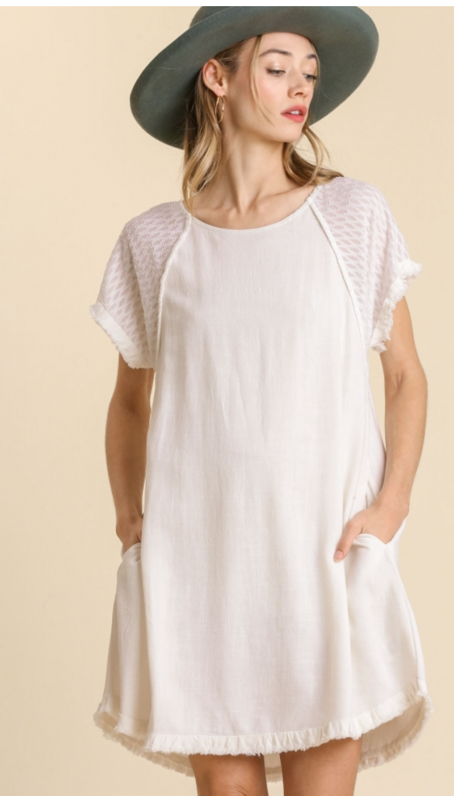 Linen Blend Round Neck Pocket Dress with Burnout Sleeves and Frayed Hem  Detail