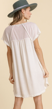 Load image into Gallery viewer, Linen Blend Round Neck Pocket Dress with Burnout Sleeves and Frayed Hem Detail
