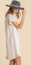 Load image into Gallery viewer, Linen Blend Round Neck Pocket Dress with Burnout Sleeves and Frayed Hem Detail
