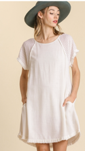 Load image into Gallery viewer, Linen Blend Round Neck Pocket Dress with Burnout Sleeves and Frayed Hem Detail
