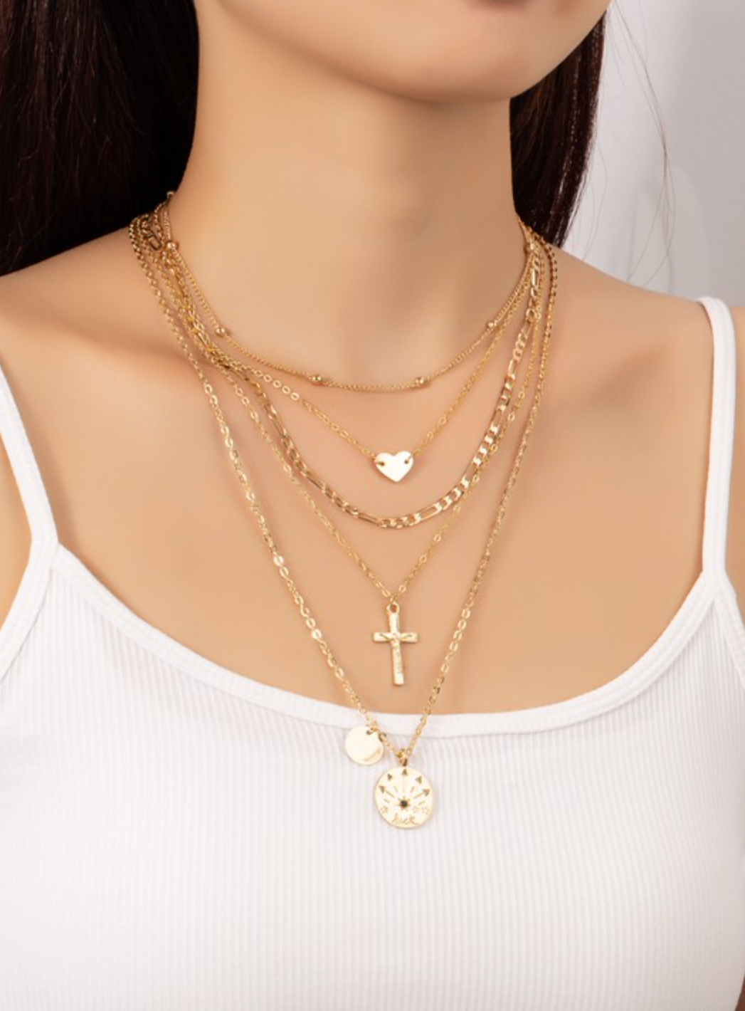 Five Row Mixed Chain with Heart Cross Coin Pendants