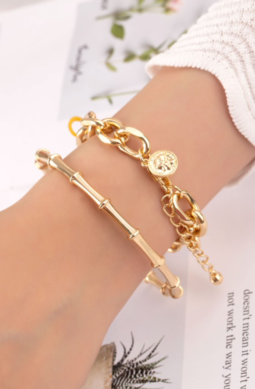 Chunky Chain Bracelet and Bamboo Bangle Set