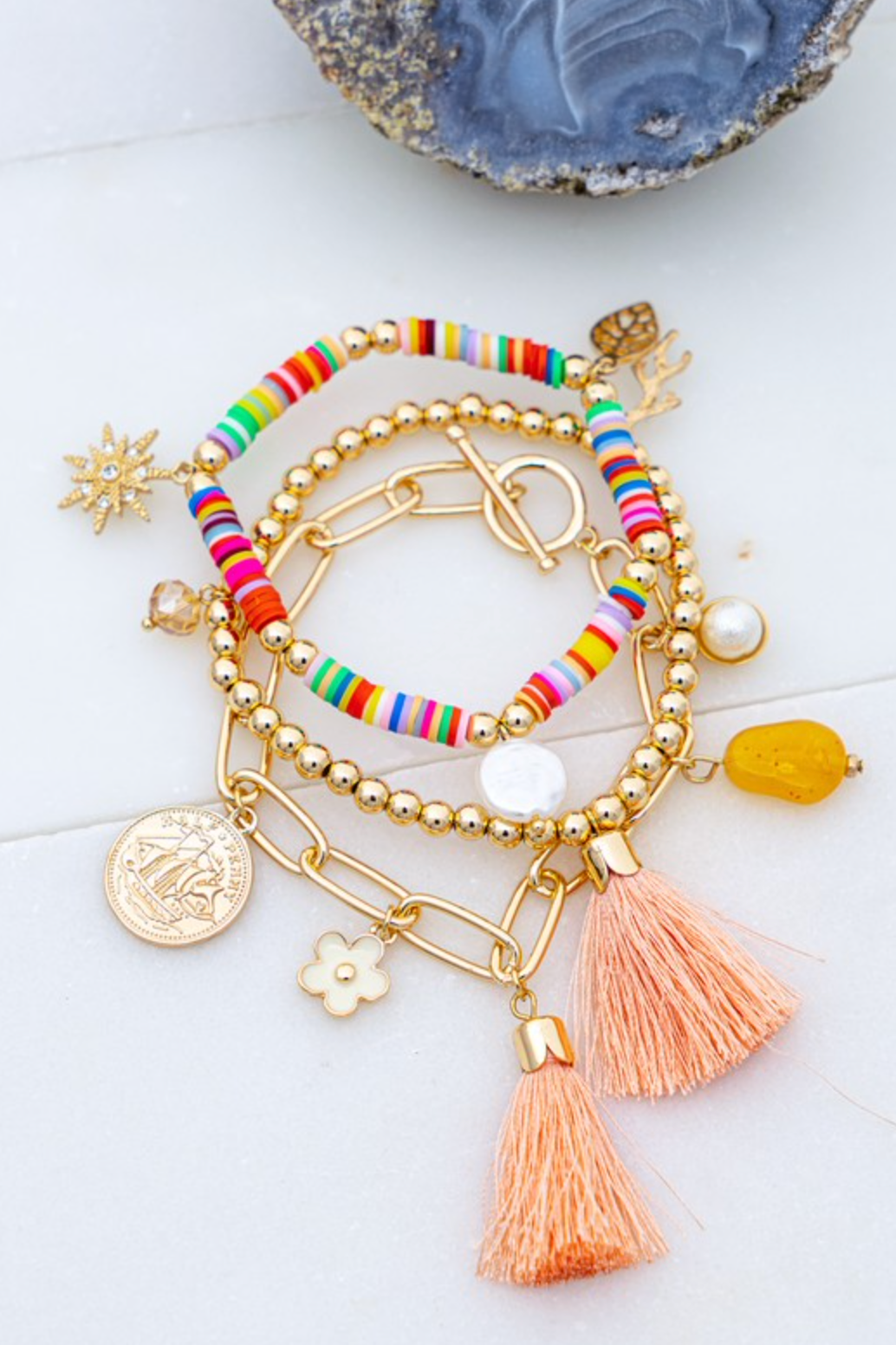 Multi Color Bead Stretch Bracelet Set with Charms